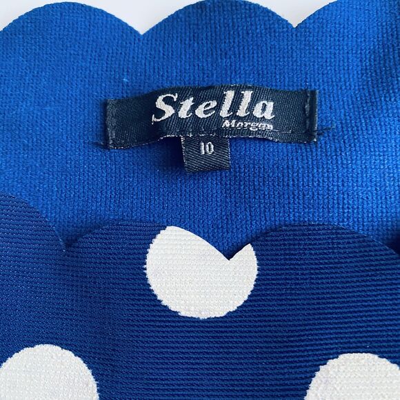 Stella Dress UK 10 US 6/8 Blue White Polka Dot Stretch Scalloped Party Retro - Picture 5 of 6